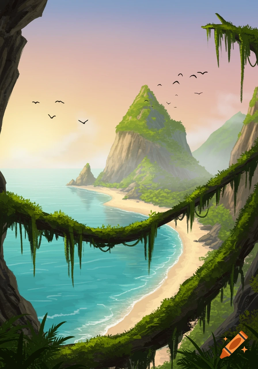 A vibrant illustration of a tropical island with a sandy beach, clear blue ocean, and lush green mountains under a pastel sky, framed by jungle vines.