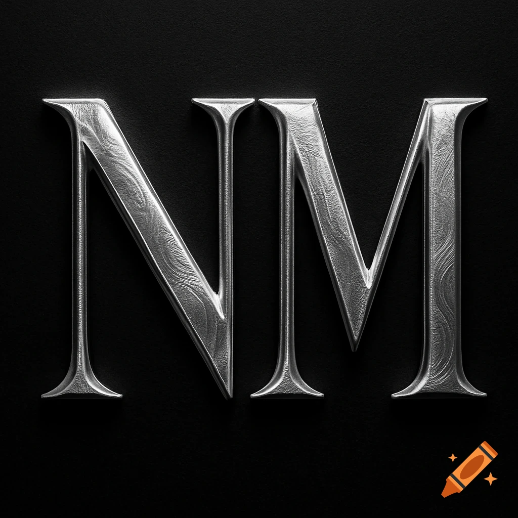 Silver letters N and M carved with intricate texture on a black background.