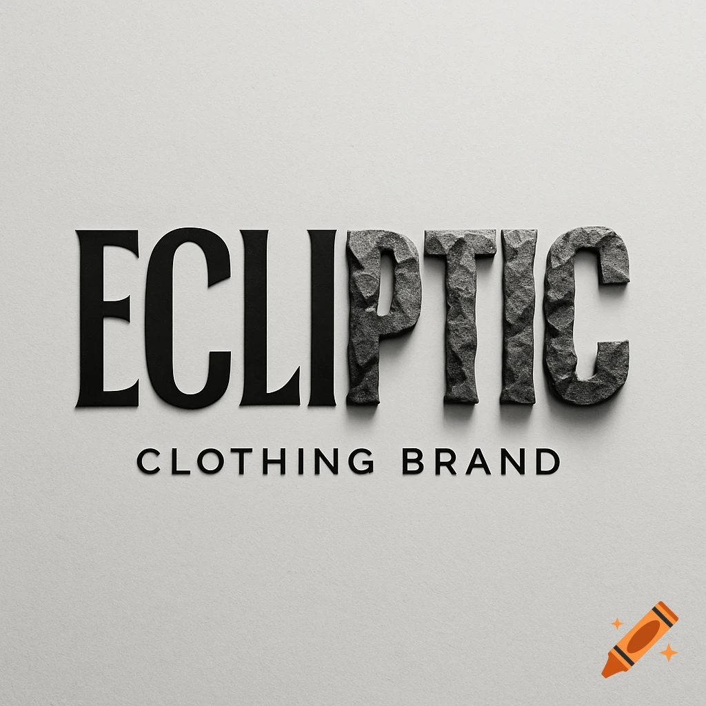 A black and white logo on a light gray background features "ECLIPTIC" with textured, rock-like "PTIC" and smooth "ECLI", and "CLOTHING BRAND" below.