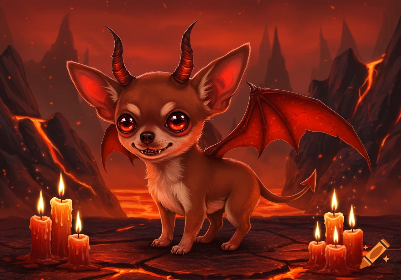 A stylized devil chihuahua with horns and red wings stands on a fiery landscape with lava and candles.