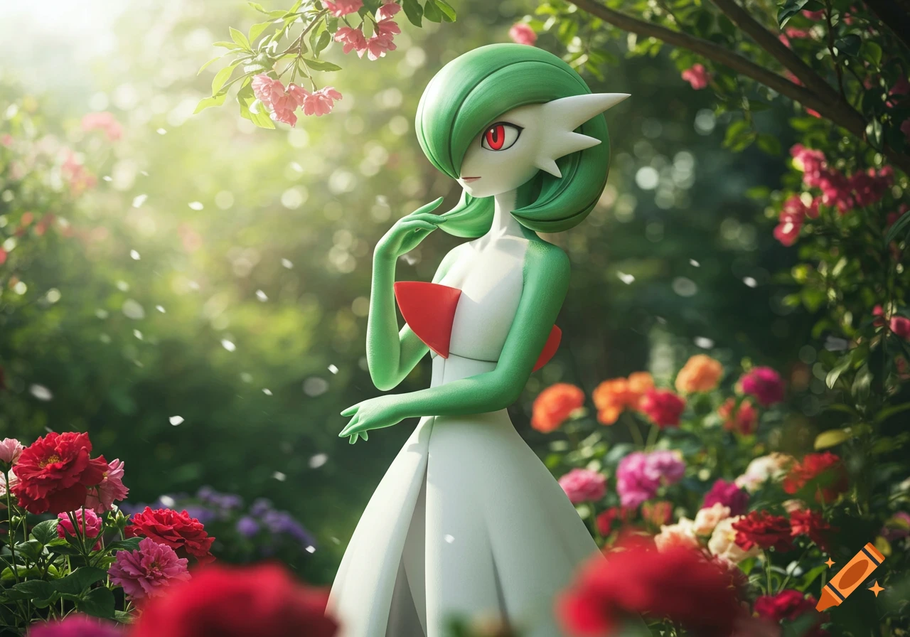 Photorealistic rendering of Gardevoir in a white dress, standing gracefully in a lush, sunlit flower garden.