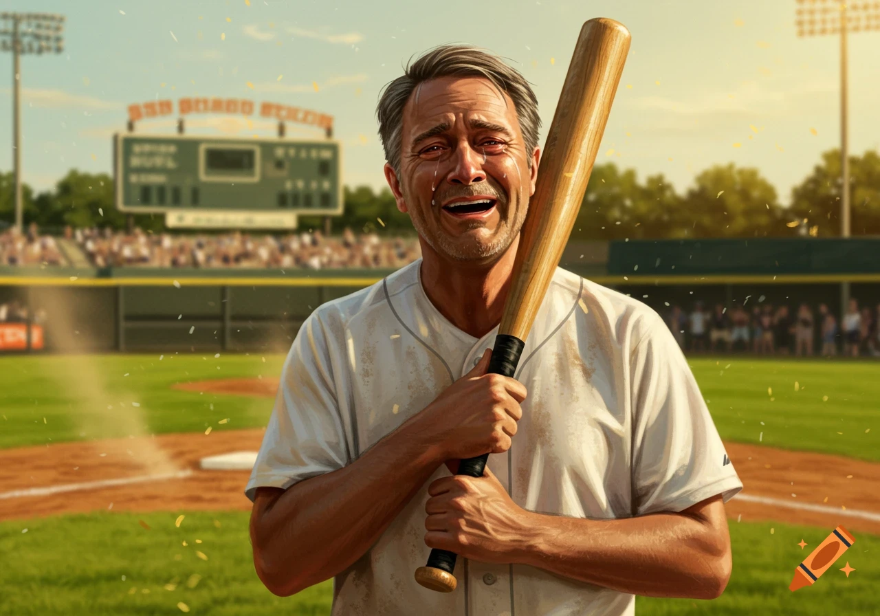 A man holding a baseball bat cries tears of joy on a baseball field with a scoreboard in the background.