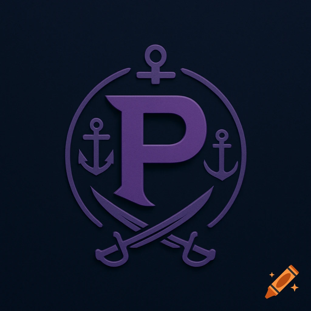 A purple P in a circular pirate-themed logo with anchors and crossed swords.