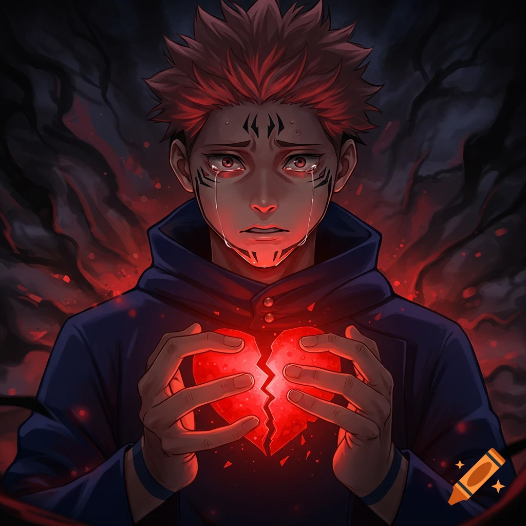 Anime-style Sukuna from Jujutsu Kaisen crying and holding a glowing broken red heart in a dark, emotional setting.