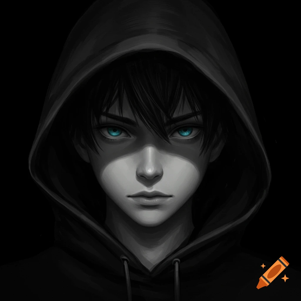 Close-up of an anime boy in a black hoodie with piercing blue eyes, against a dark background.