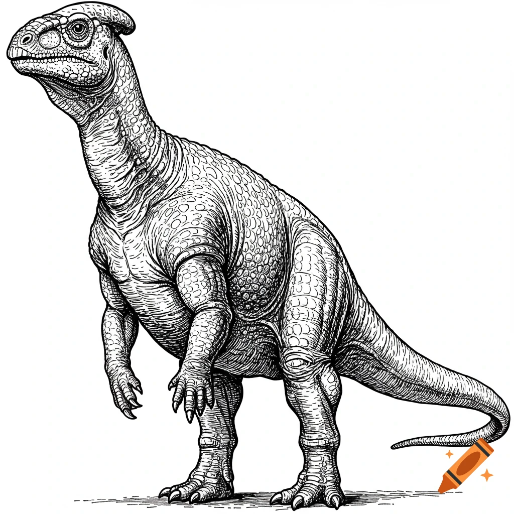 Detailed black-and-white line-art illustration of a Hadrosaurus dinosaur standing upright.