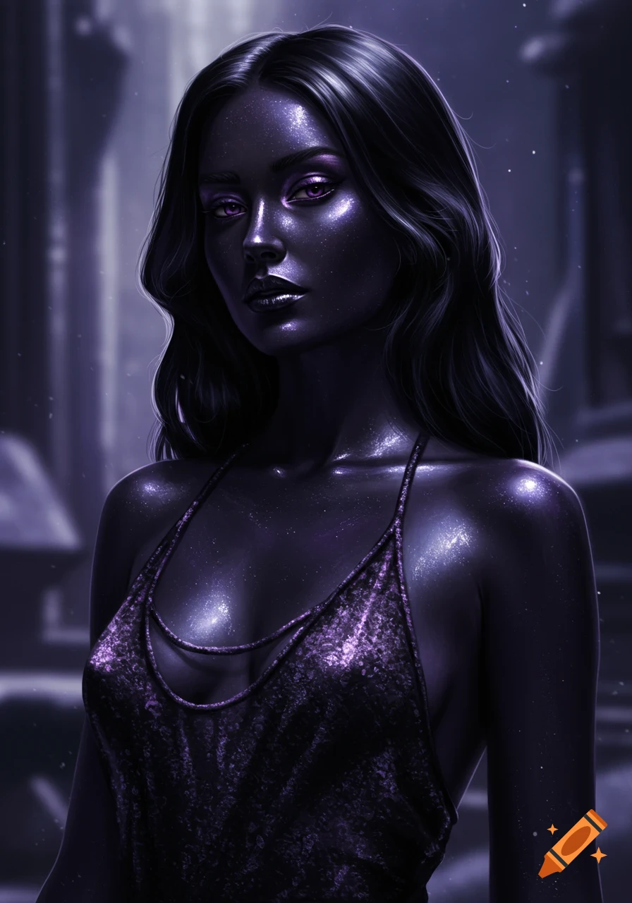 Photorealistic portrait of a woman with shimmering dark skin, purple makeup, black hair, and a dark, glittery top.