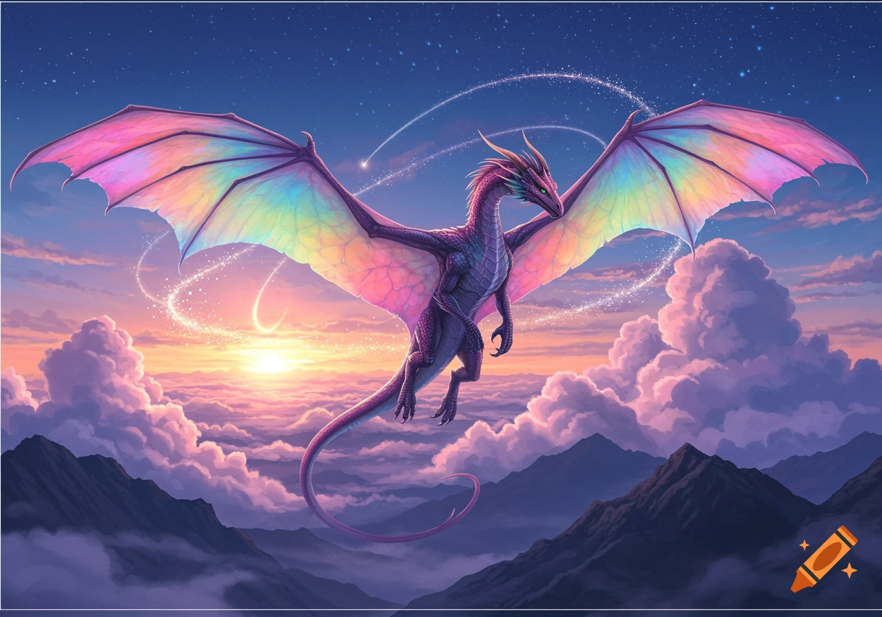 A majestic purple dragon with rainbow wings soars through a vibrant sunset sky filled with pink and purple clouds above mountains.