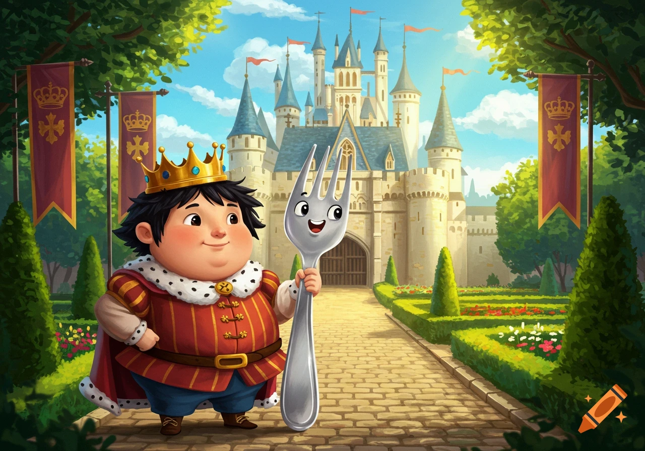 A cartoon king with a golden crown and red and gold attire holds a large, smiling fork in front of a grand castle on a sunny day.