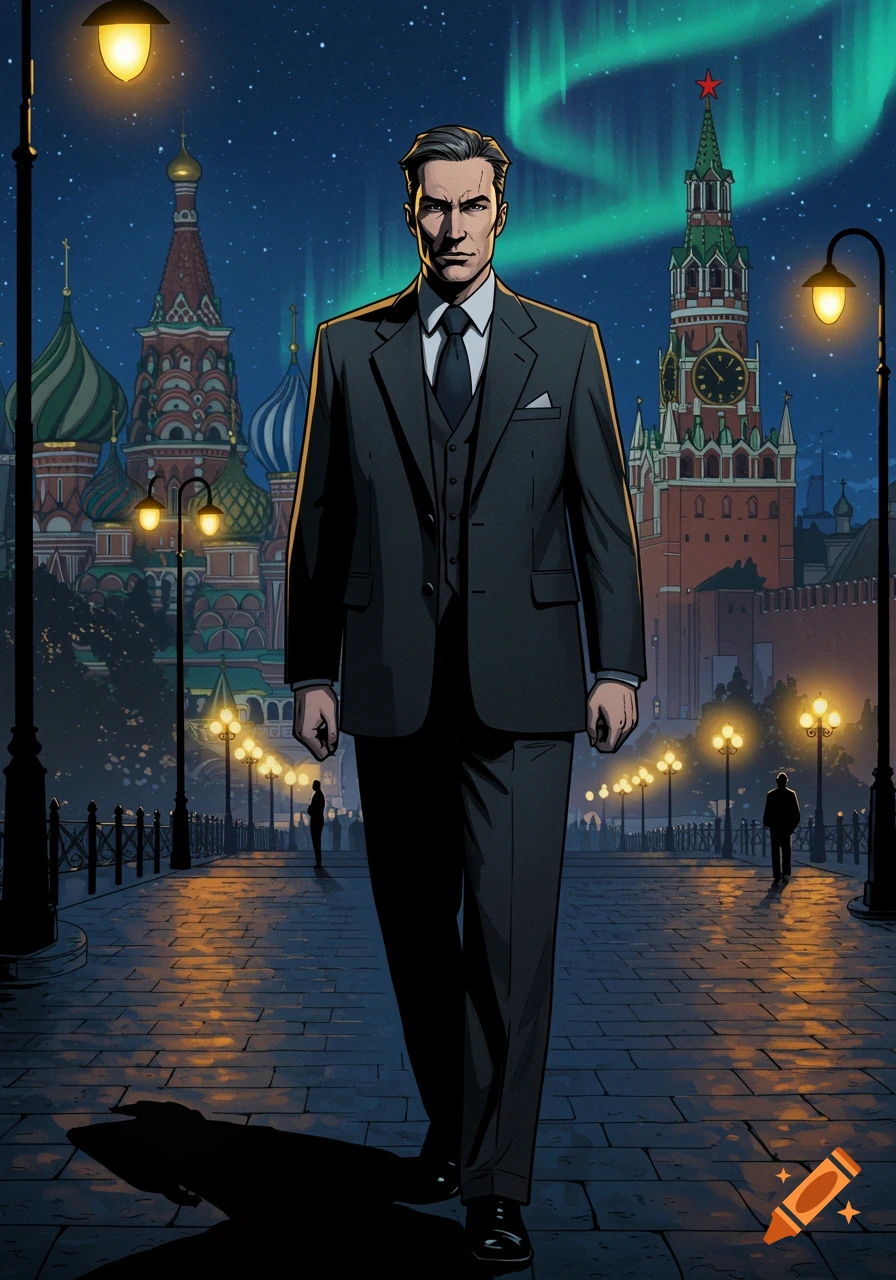 A man in a suit walks at night on a street with Moscow's iconic architecture and an aurora borealis sky, in a comic book art style.