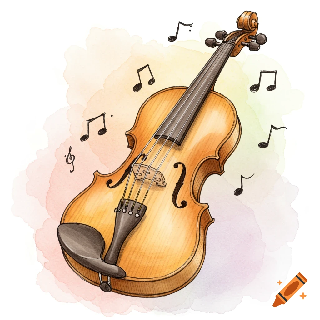 Watercolor illustration of a wooden violin with black musical notes floating around it on a subtle pastel background.