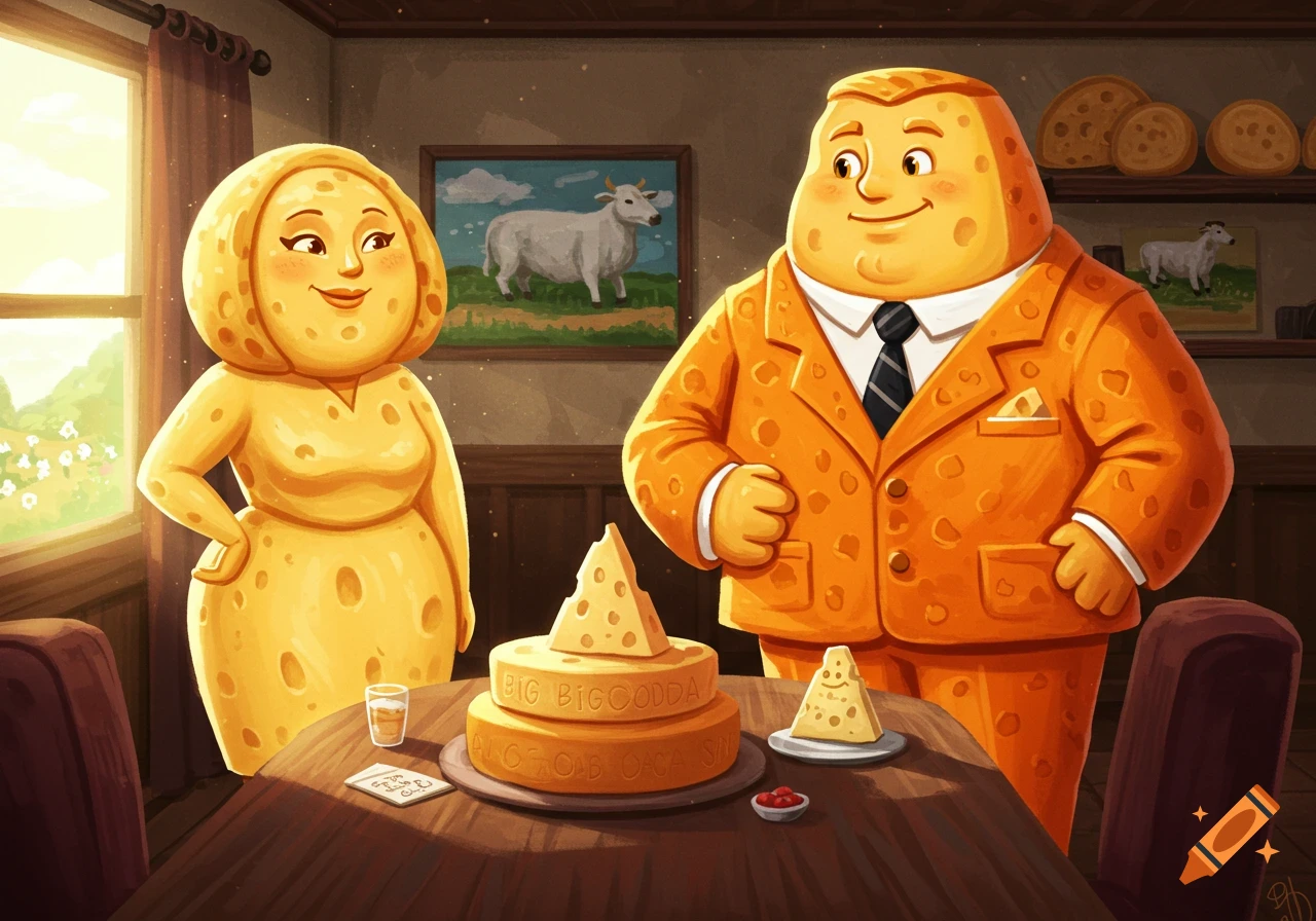A man and a woman personified as cheese stand in a room, with a multi-tiered cheese cake on a table. Cartoon illustration.