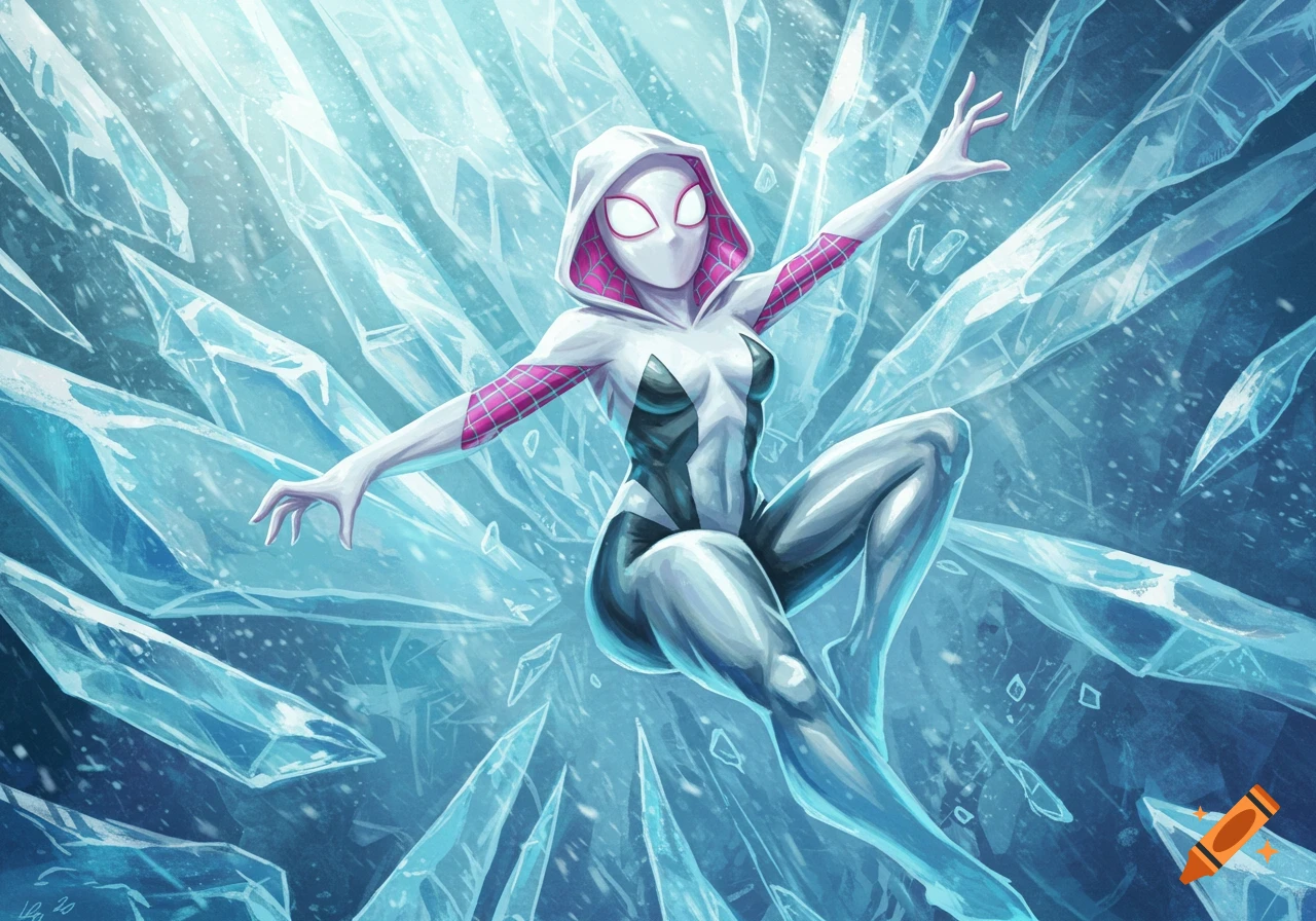 Spider-Gwen in her white, pink, and black suit, surrounded by sharp blue ice shards in a dynamic pose.