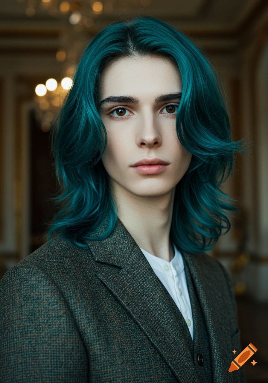 A young person with long teal hair and dark brown eyes, wearing a tweed jacket and white shirt, looking directly at the viewer.