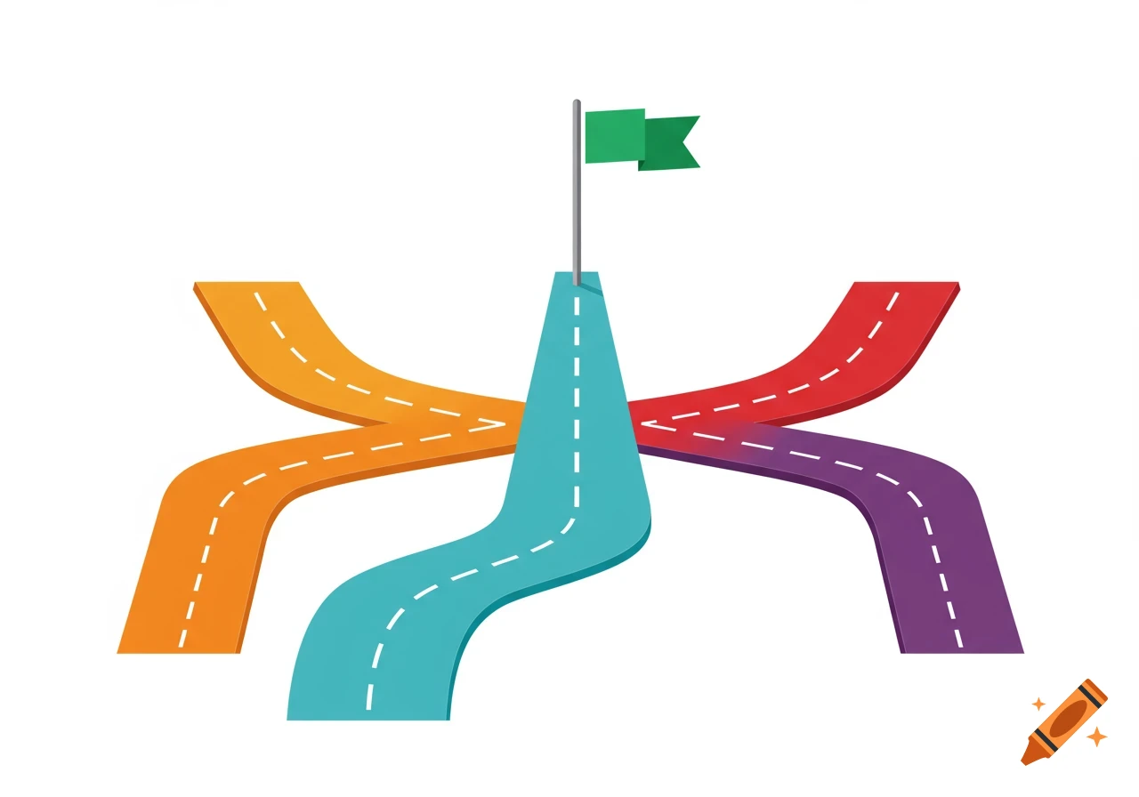 Flat-style illustration of multiple colored roads converging into one leading up to a green flag on a pole.