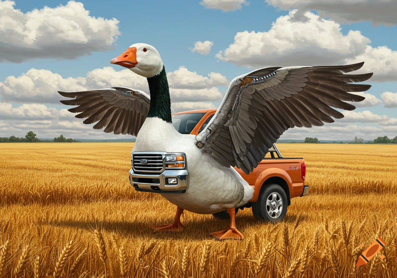 A white goose with a pickup truck as its body and mechanical wings stands in a golden wheat field under a blue sky.
