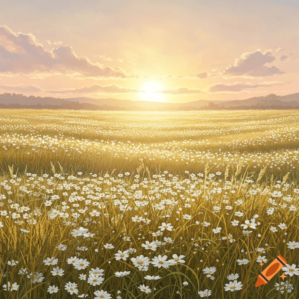 A field of white daisies and golden grass bathed in the warm light of a sunset.