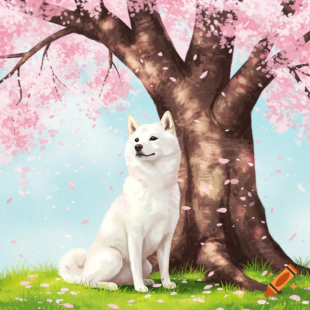 A white Shiba Inu dog sits under a pink cherry blossom tree with petals falling, in a painted style.