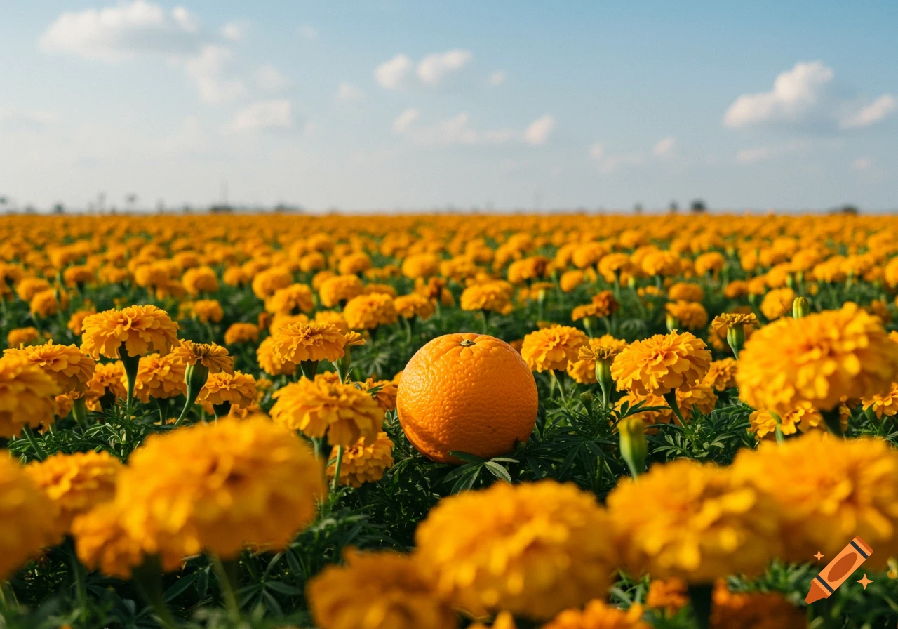 A vibrant orange sits prominently in the center of a large, sunny field of yellow marigold flowers under a clear blue sky.
