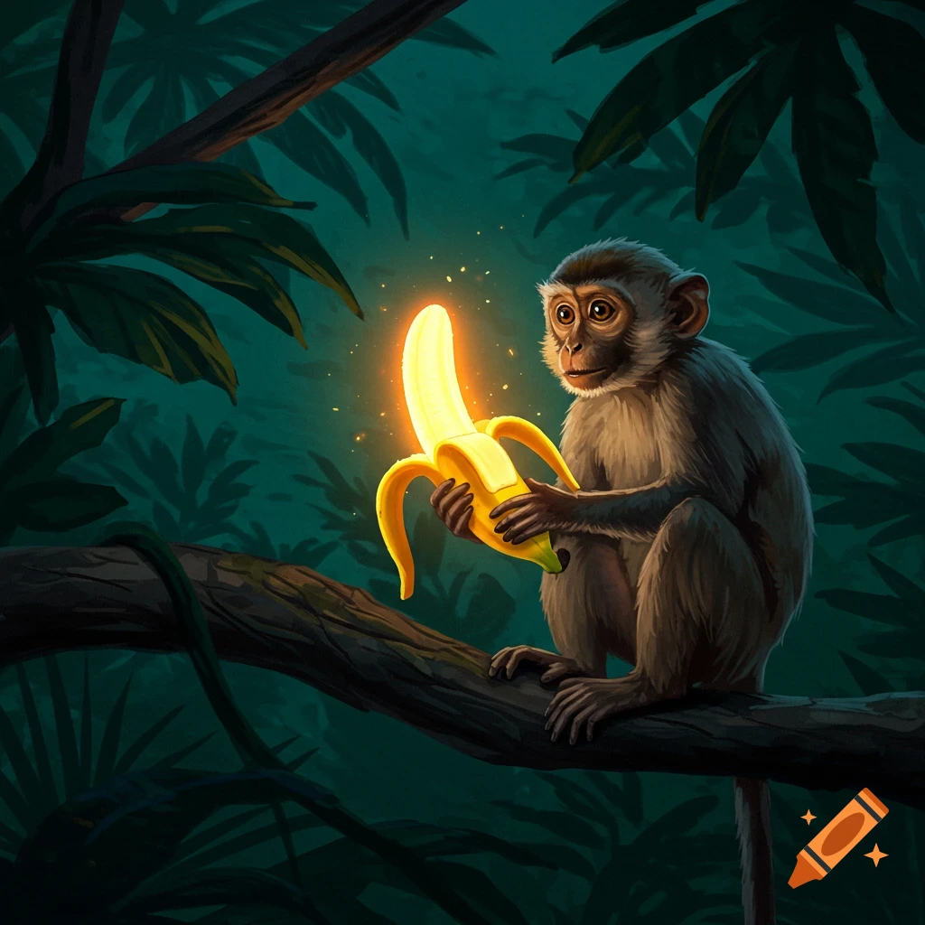 A monkey sits on a tree branch in a dark jungle, holding a bright, glowing yellow banana.