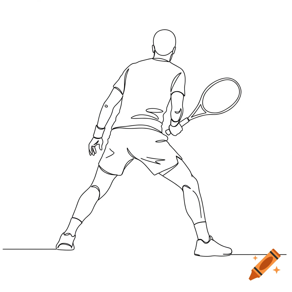 A tennis player viewed from the back, holding a racket, in a simple black and white line art drawing.