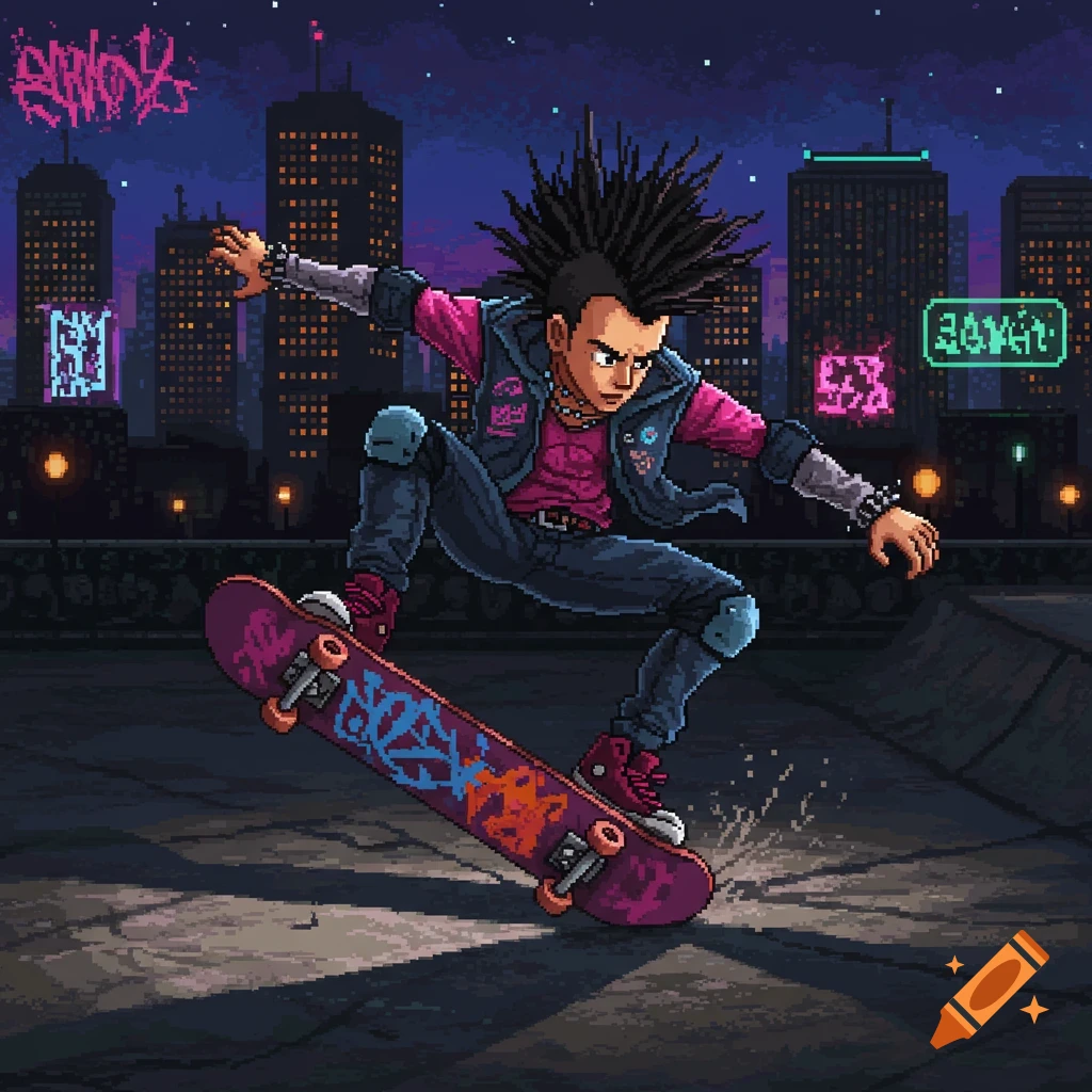 Pixel art of a punk skater boy with wild black hair performing a trick on a skateboard in a city at night.