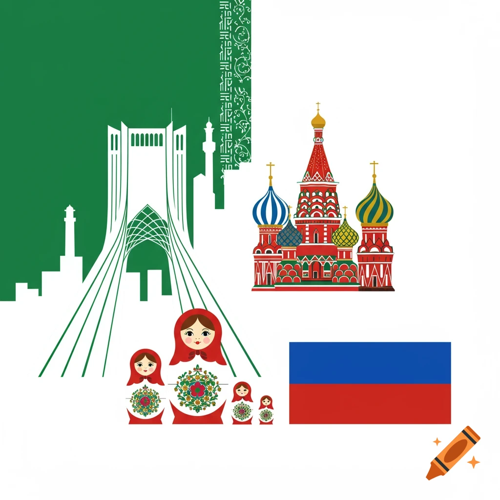 A minimalist illustration showing a green background with the Azadi Tower, Saint Basil's Cathedral, Matryoshka dolls, and the Russian flag.