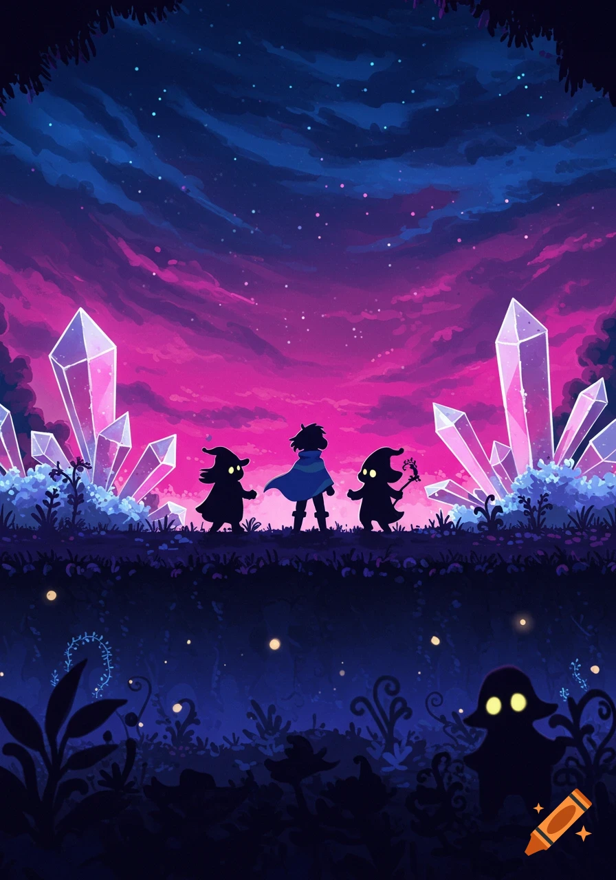Three silhouetted characters stand among large pink crystals under a vibrant starry night sky. Fantasy illustration.