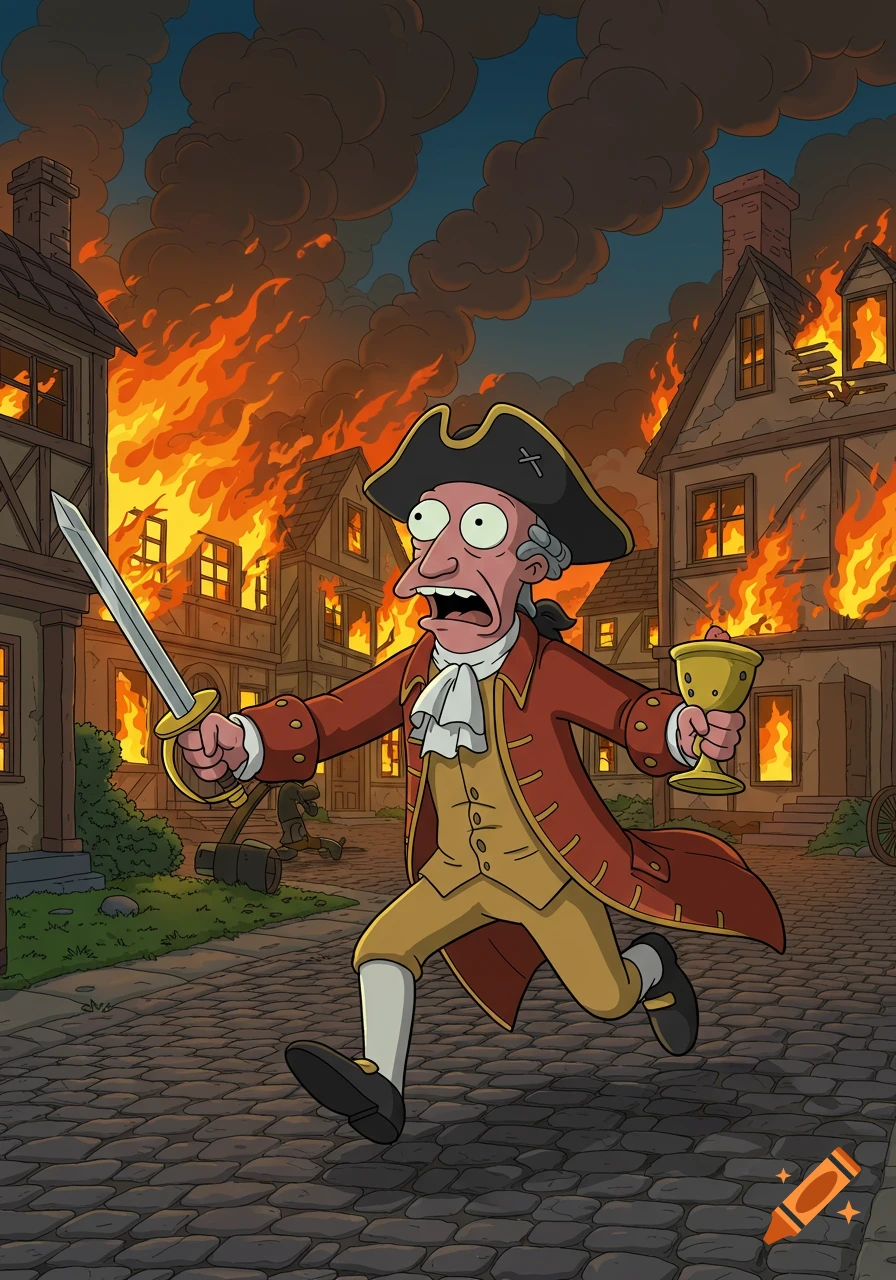 Cartoon Zoidberg in colonial attire runs through a burning old town, holding a sword and chalice.