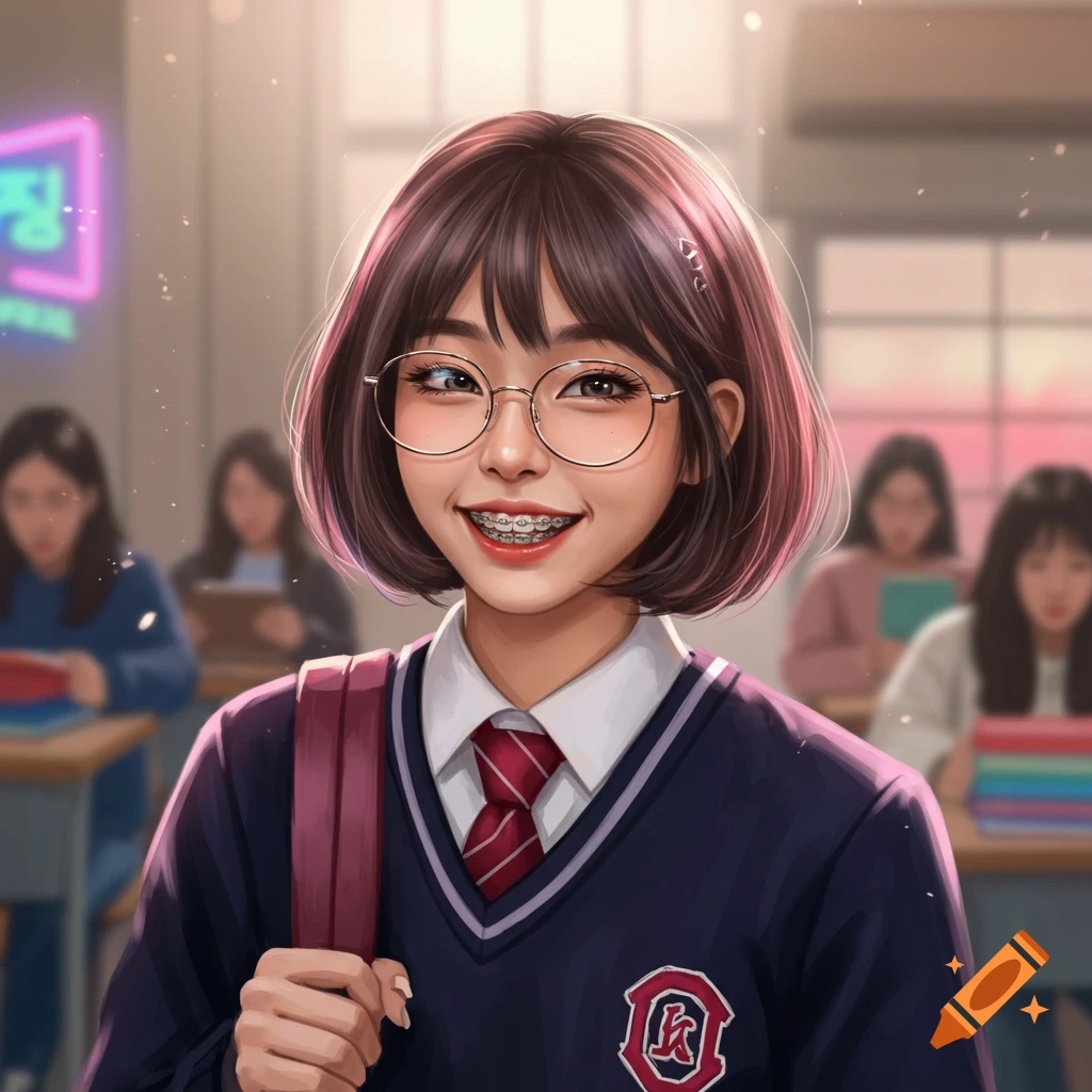 A smiling Asian female student with short brown hair, glasses, and braces, wearing a school uniform and backpack, stands in a brightly lit classroom.