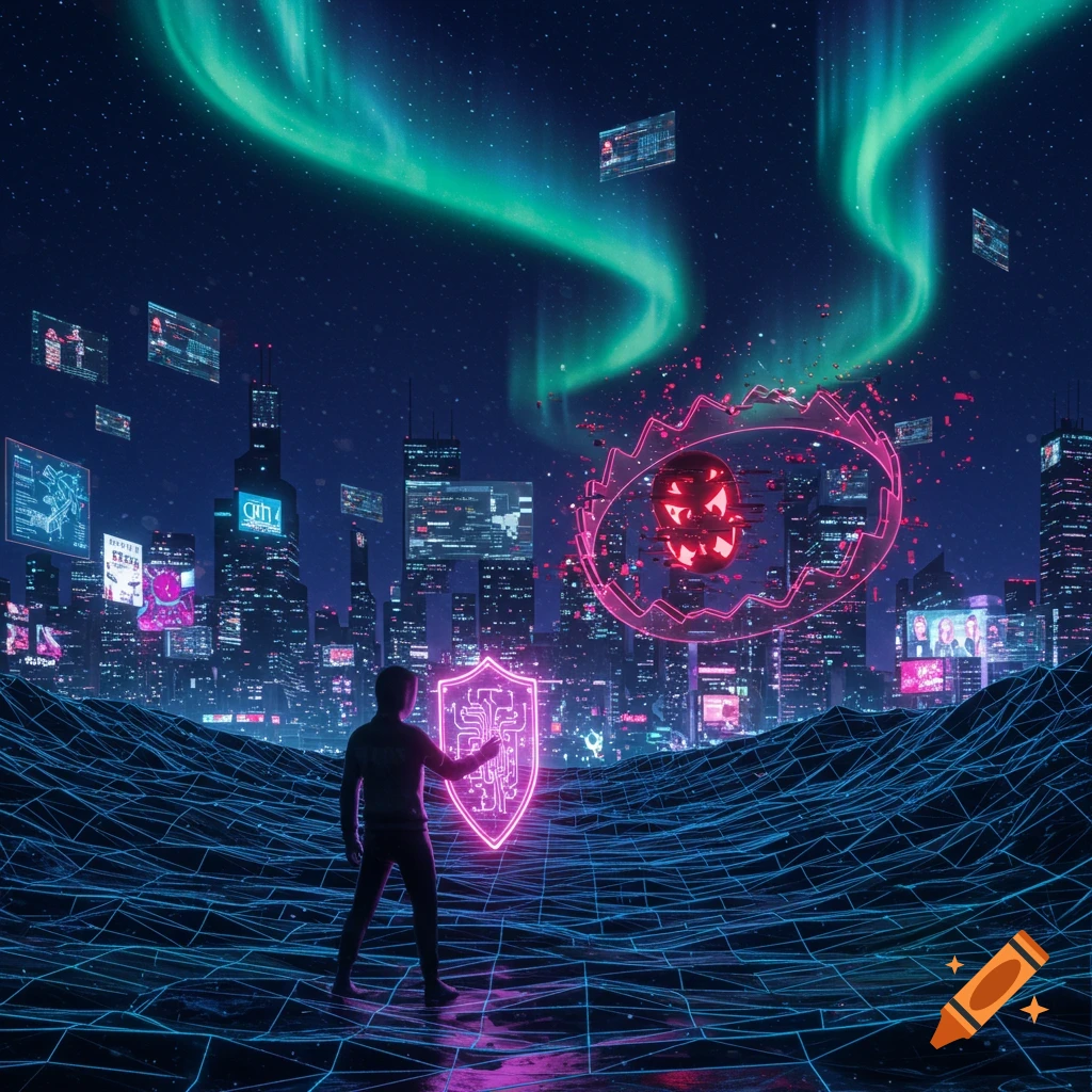 A person stands in a neon cityscape with a digital grid floor under an aurora borealis, holding a glowing shield against a digital trap.