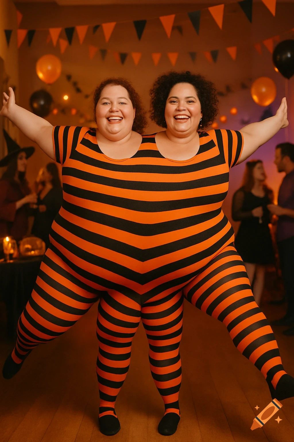 Two women in an orange and black striped conjoined costume, creating an illusion of one body with two heads and multiple legs, at a Halloween party.