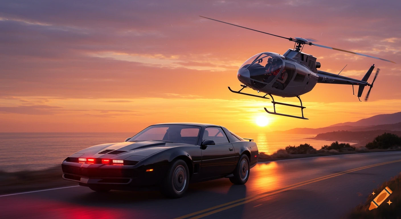 A black K.I.T.T.-like car drives on a coastal road as an Airwolf-like helicopter flies alongside at sunset, with mountains and ocean in the background.
