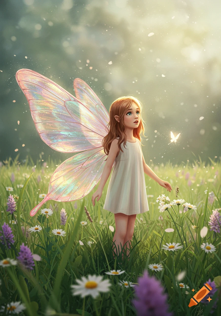 A whimsical illustration of a young fairy girl with iridescent wings standing in a sunny field of wildflowers, looking up at a glowing butterfly.
