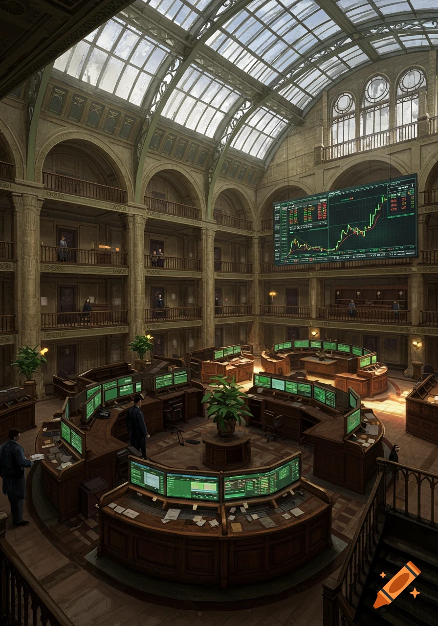 Grand interior of an ornate, multi-story stock exchange with a vast glass ceiling, balconies, and a central trading floor featuring numerous desks with multiple green-screen monitors and a large digital stock chart display.