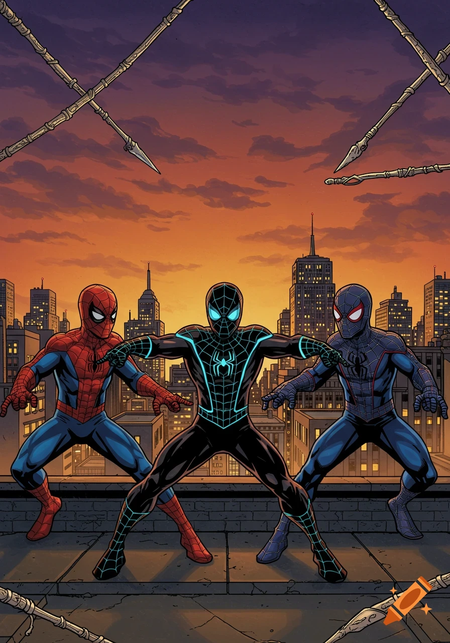 Three Spider-Men in different suits stand on a rooftop overlooking a city at sunset in a comic book art style.