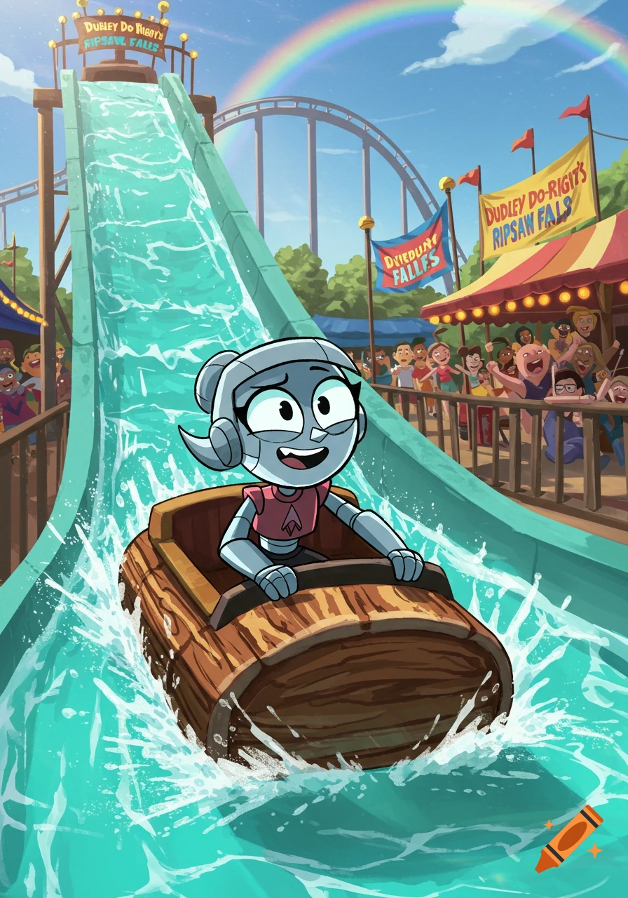 A smiling robot character rides a log flume at an amusement park called Dudley Do-Right's Ripsaw Falls. A rainbow is in the sky.