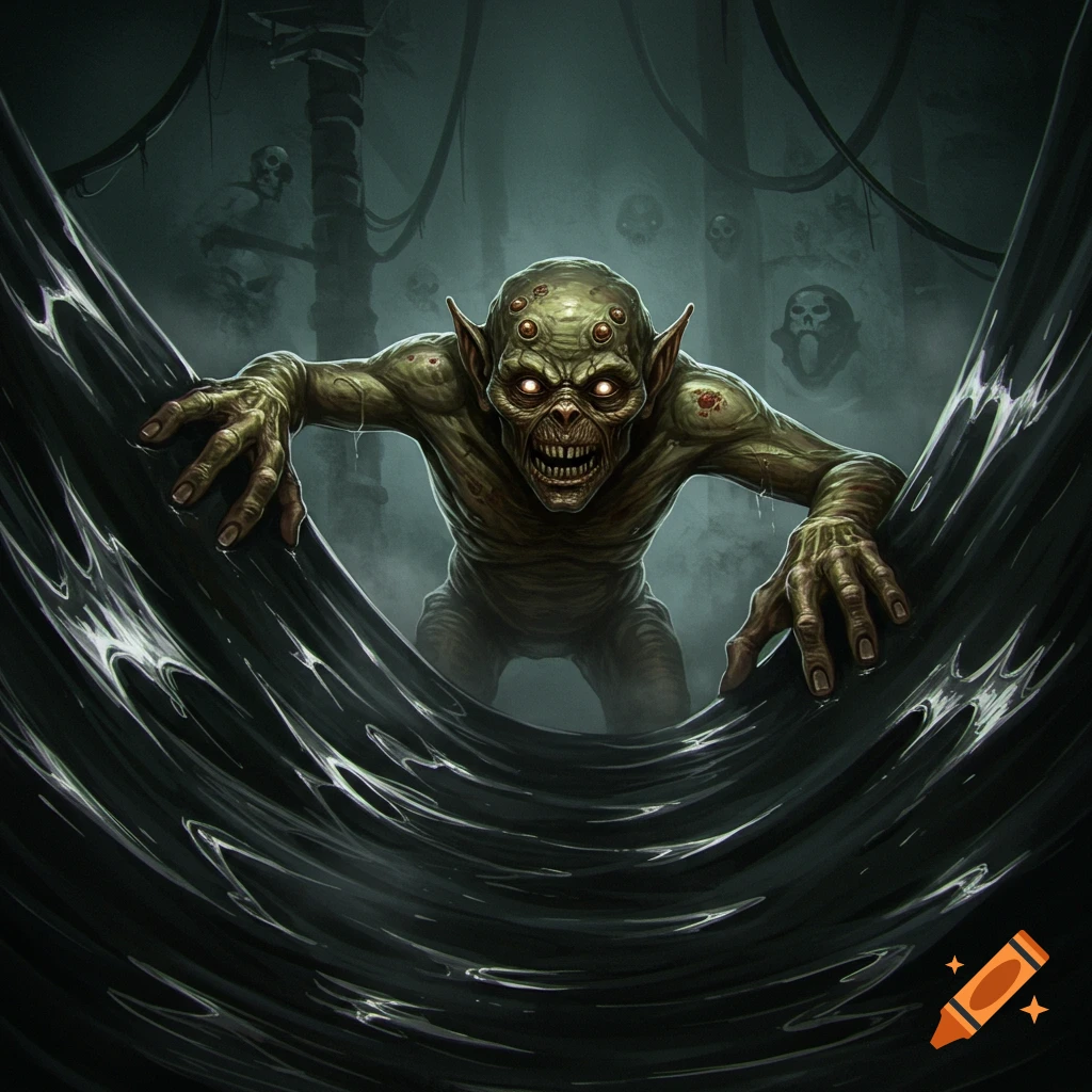 A terrifying, pale green imp with glowing eyes and large hands emerges from a dark, viscous substance in a creepy, shadowy dungeon.