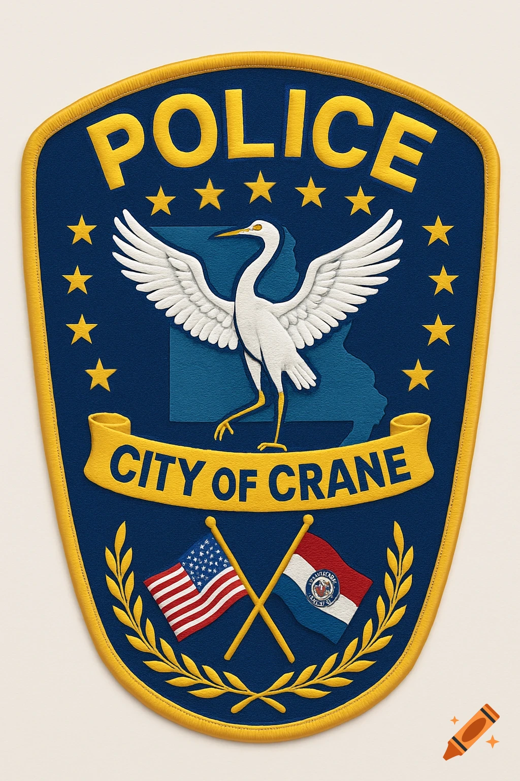 A blue and gold police shoulder patch for the City of Crane, featuring a white crane, the state of Missouri, and crossed American and Missouri flags.
