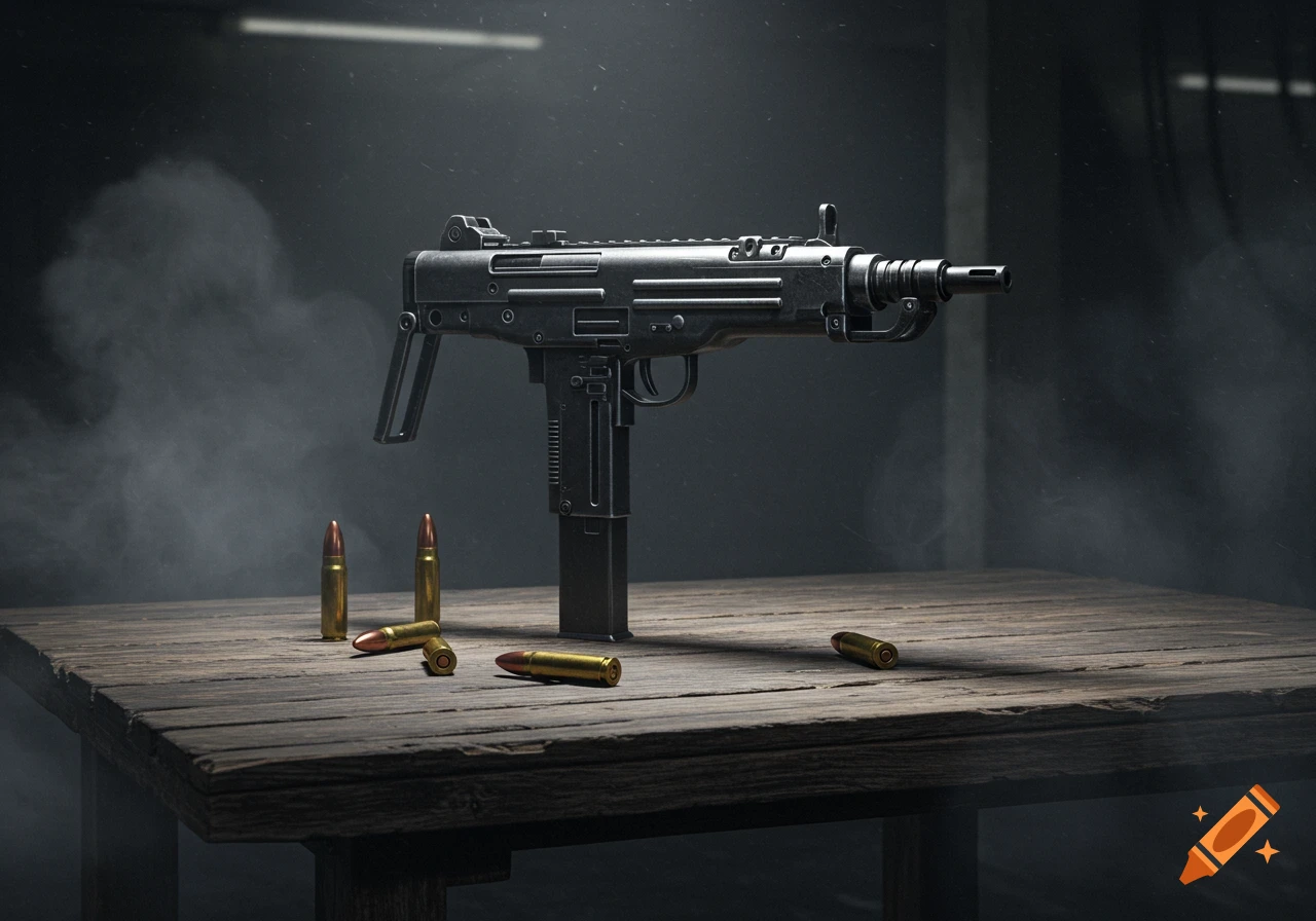 A photorealistic studio shot of an Uzi submachine gun and several bullets on a wooden table.