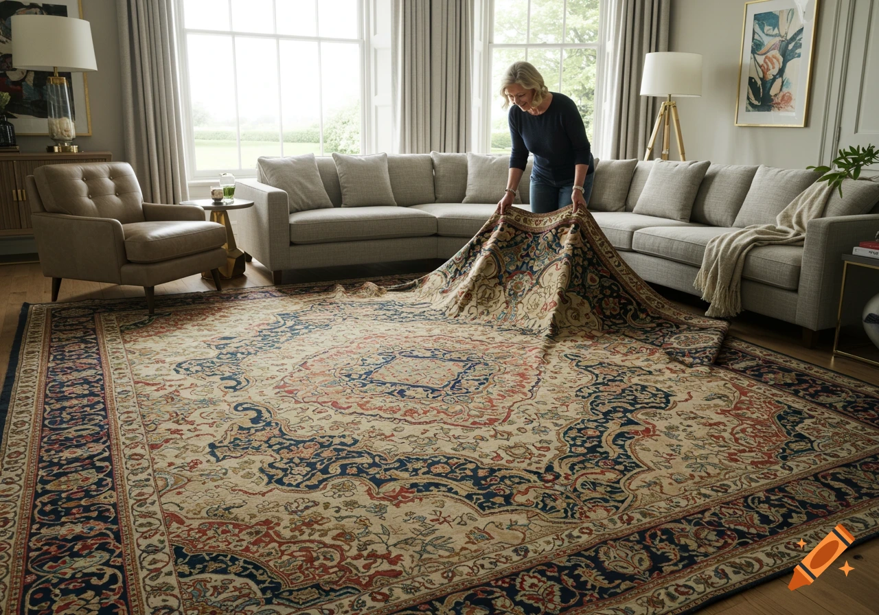 A woman unrolls a large, ornate tapestry rug with blue and red patterns in a bright living room.