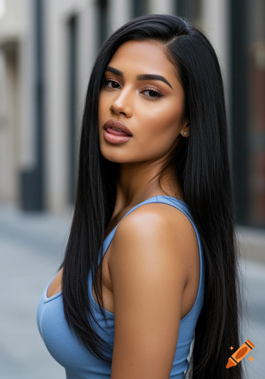 Photorealistic portrait of a woman with long black hair, olive skin, and a blue tank top, with her tongue slightly visible.