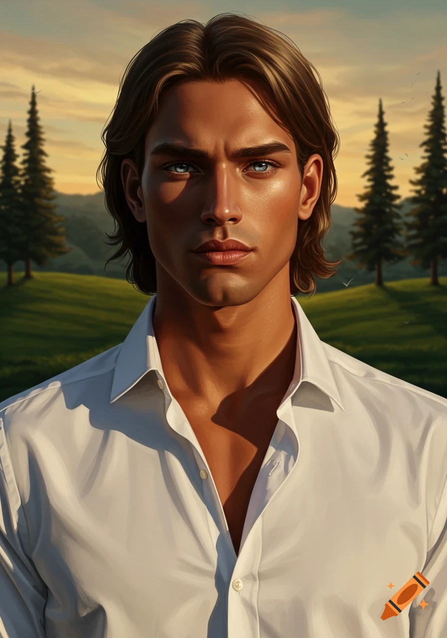 Close-up portrait of a man with brown hair and blue eyes, wearing a white shirt, against a green landscape with pine trees at sunset.