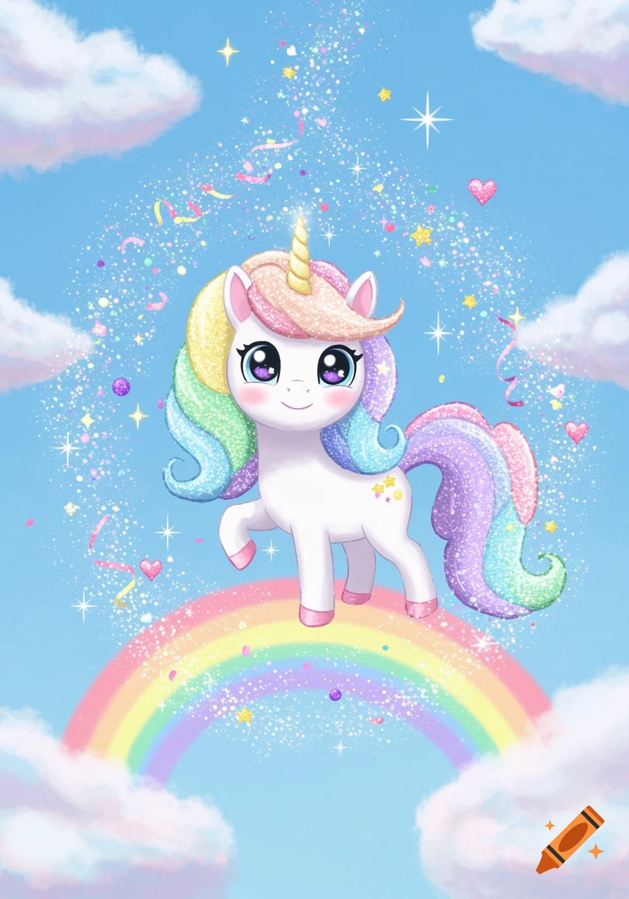 A cute cartoon unicorn with a rainbow mane and tail stands on a vibrant rainbow under a blue sky with glitter.