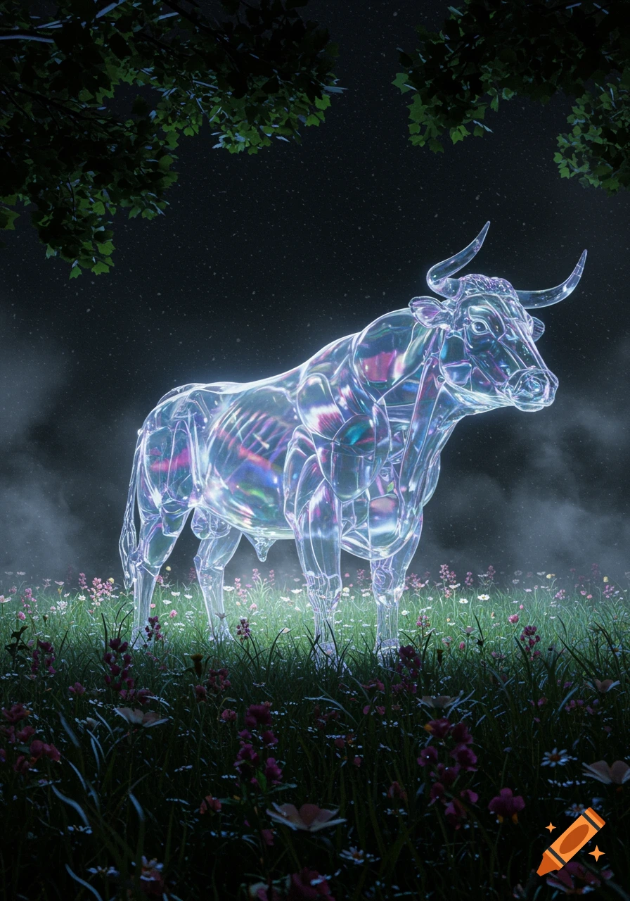 A glowing, translucent bull made of crystalline material stands in a dark, misty field with scattered flowers and trees in the background. The bull shimmers with iridescent colors.
