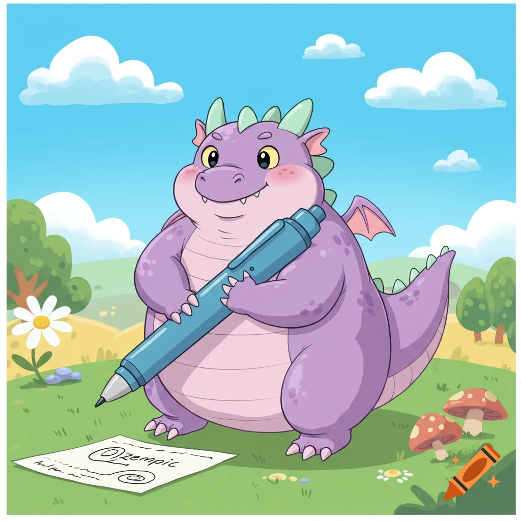 A cute purple cartoon dragon stands in a grassy field, holding a large blue pen and looking at a paper with "@Ozempic" written on it.