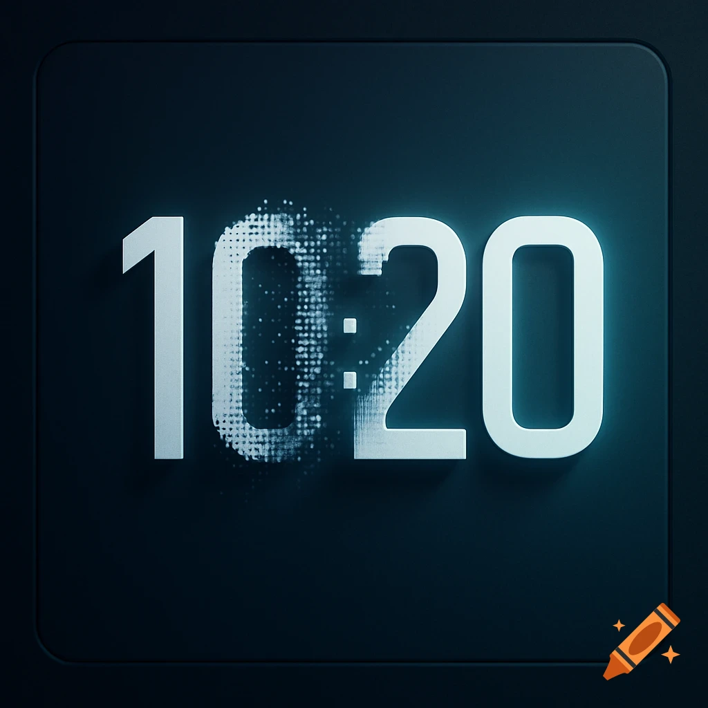 Digital display showing "10:20" with the colon and part of the '0' of the 10 pixelated or dissolving, on a dark background.