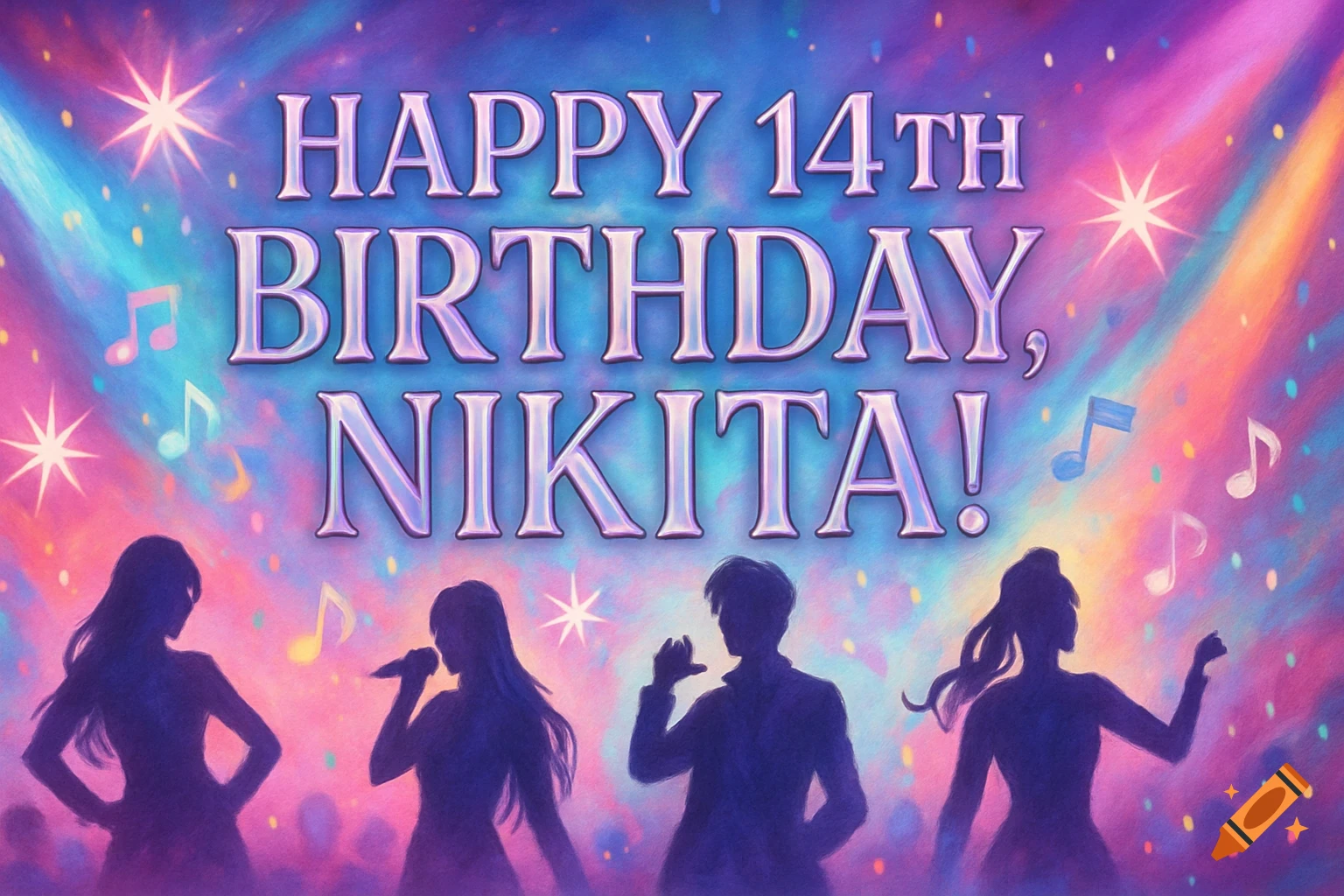 A vibrant birthday banner for Nikita's 14th birthday with K-pop themed silhouettes on stage, spotlights, and musical notes.