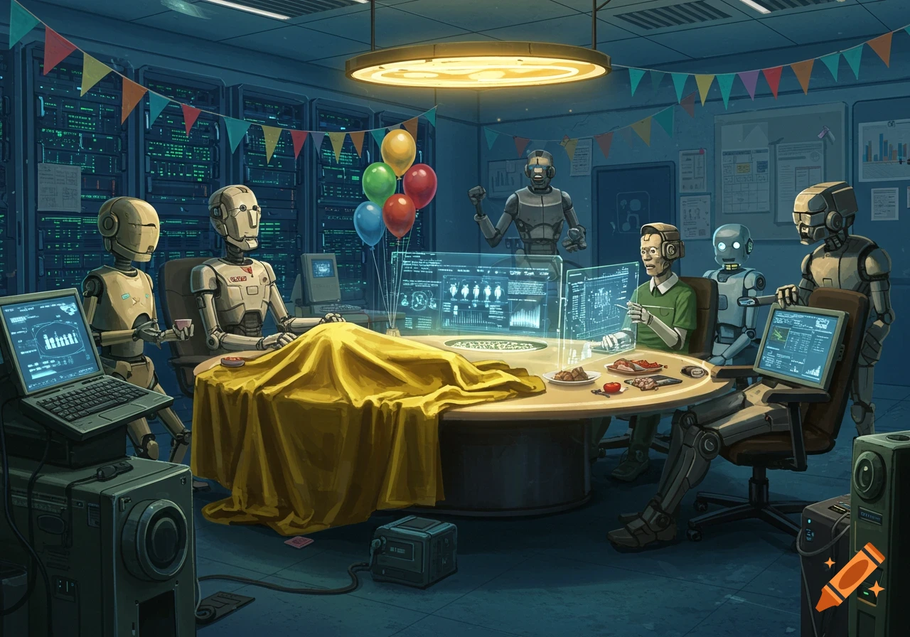 A group of robots and one human celebrate a technology retirement party in a server room, with balloons, cake, and glowing holographic screens.