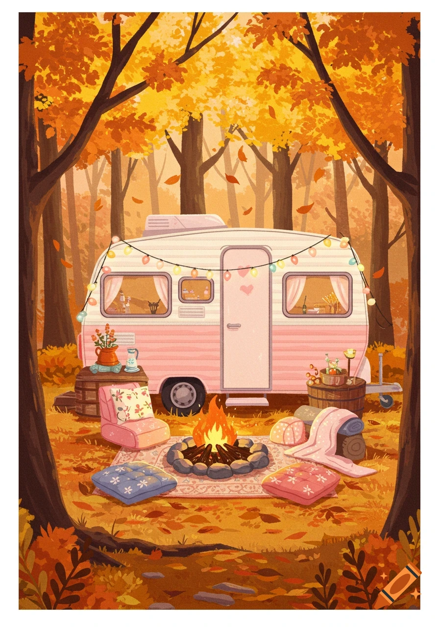 A pink and white camper in an autumn forest with a cozy campfire, pillows, blankets, and string lights.